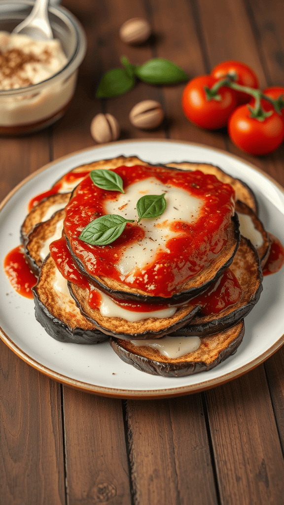 Layered eggplant slices with marinara sauce and mozzarella cheese.