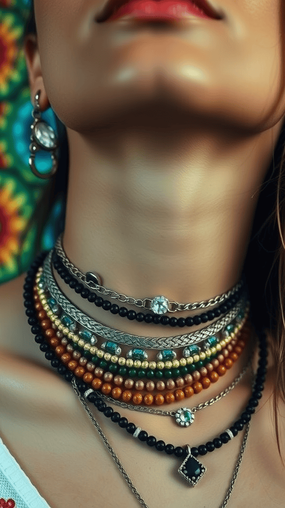 Close-up of a person wearing multiple layered necklaces and a choker