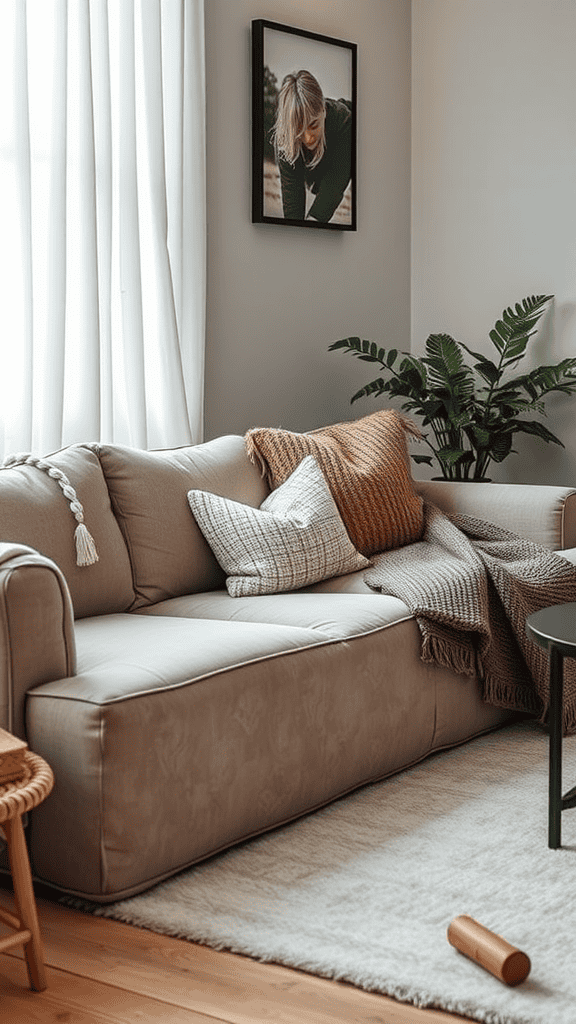 A cozy living room scene featuring a beige sofa with layered textiles, including throws and cushions, and a decorative rug.