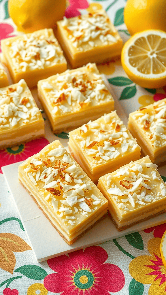 Delicious lemon bars topped with toasted coconut.