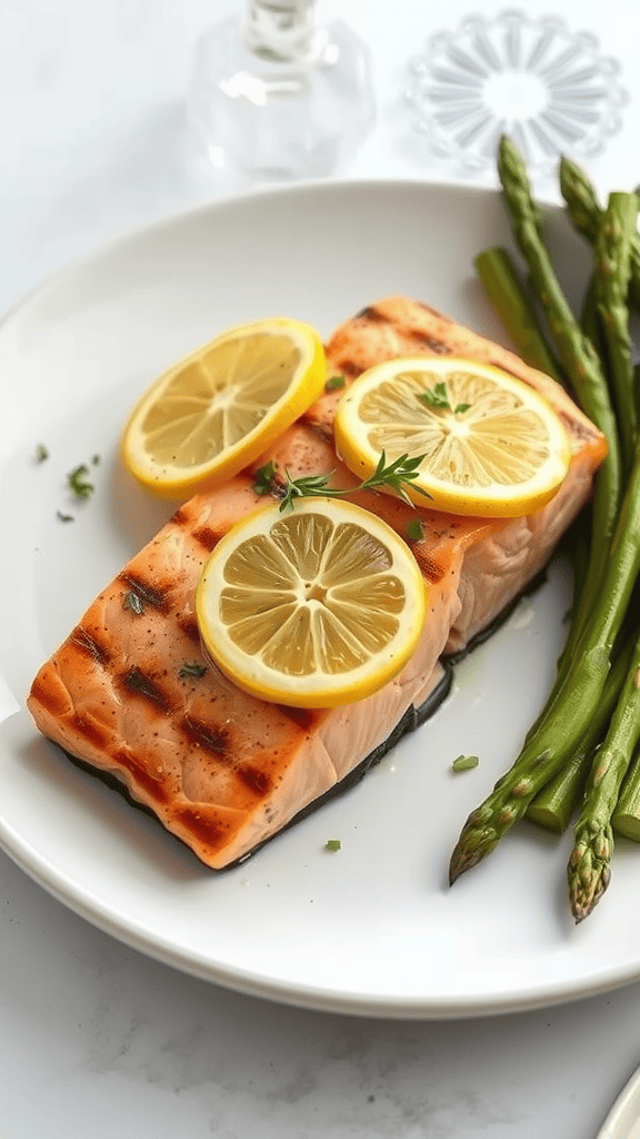 A plate with grilled salmon topped with lemon slices and served with asparagus.
