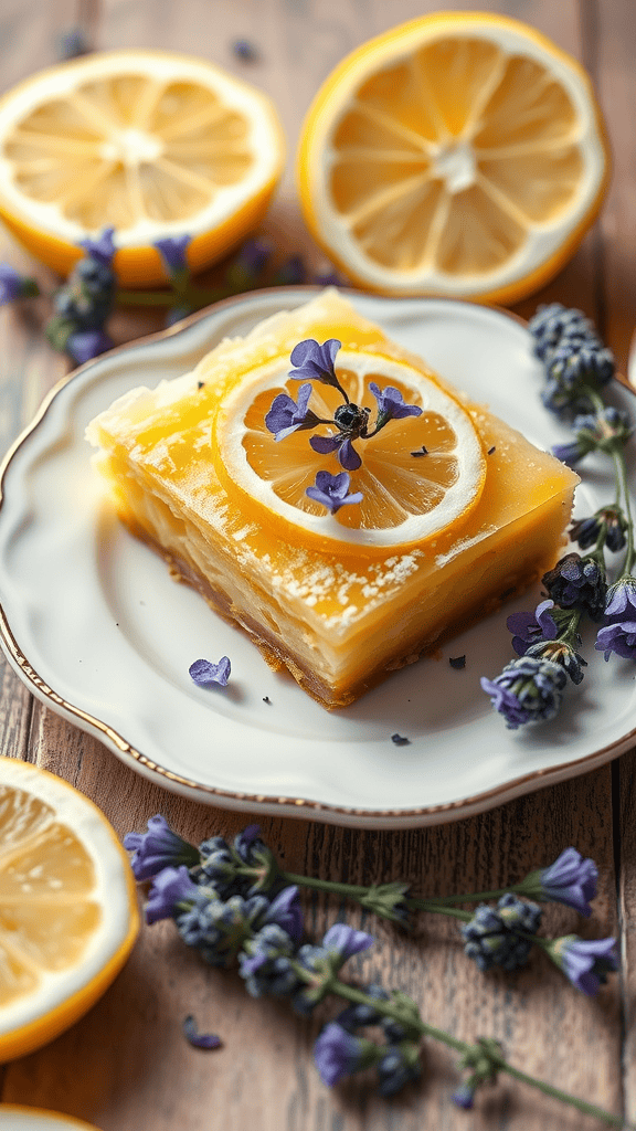 Delicious lemon lavender bars garnished with lemon slices and lavender flowers.