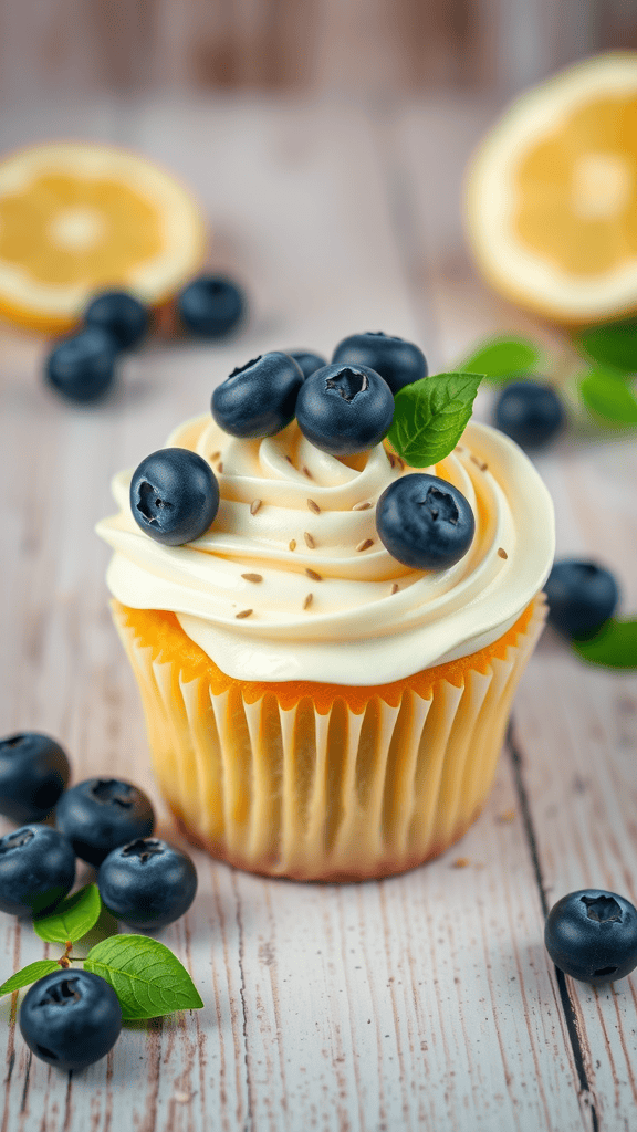 Lemon Poppy Seed and Blueberry cupcake topped with blueberries and mint