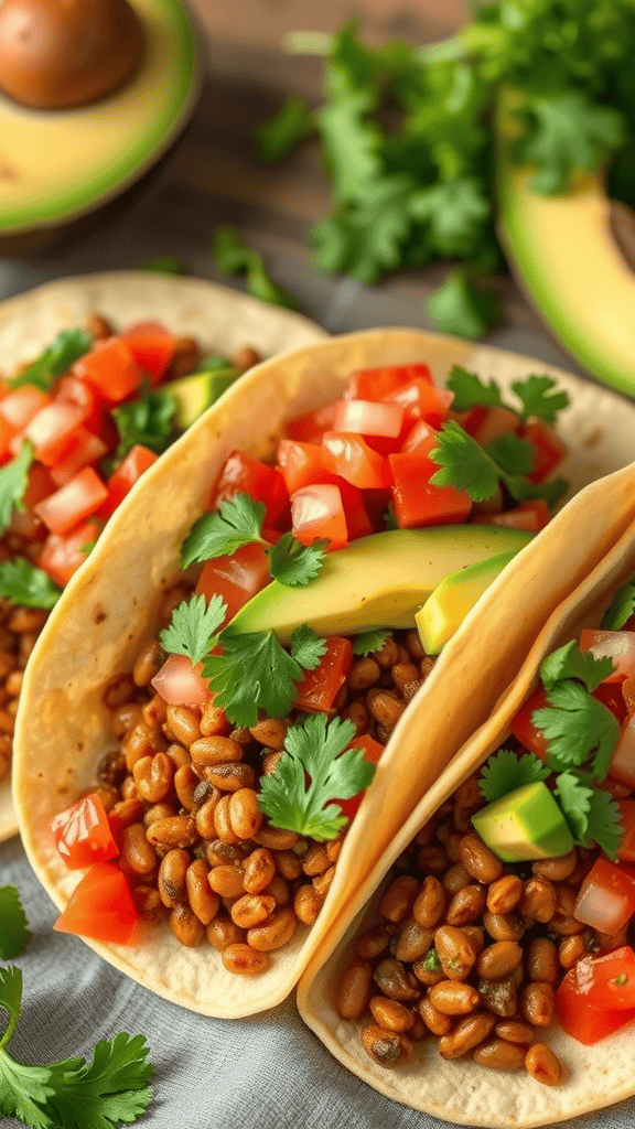 Three lentil and avocado tacos topped with tomatoes and cilantro on a wooden background