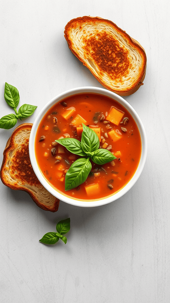 Bowl of lentil and tomato soup with toast and basil leaves