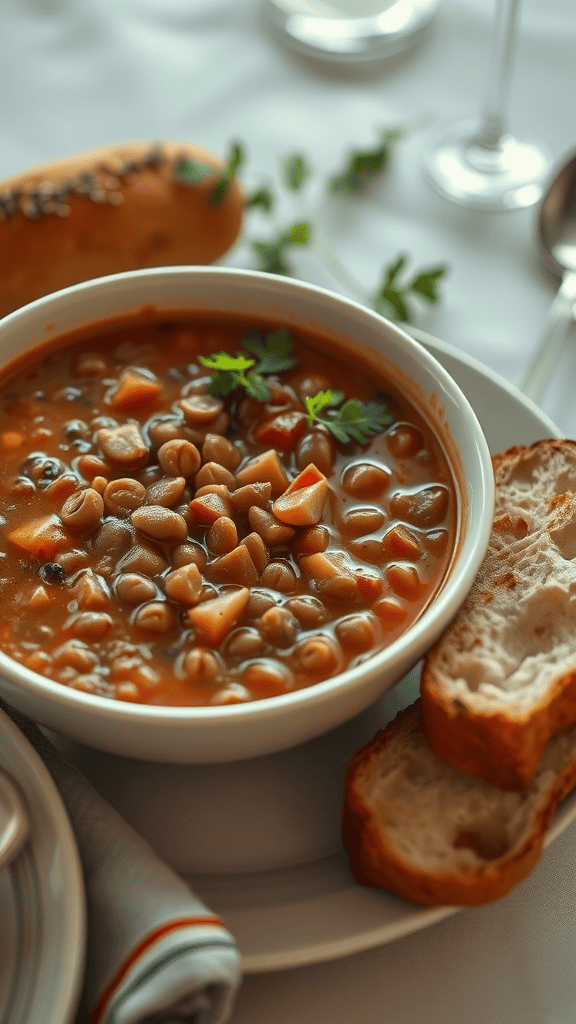 A bowl of lentil soup with fresh herbs and bread on the side.
