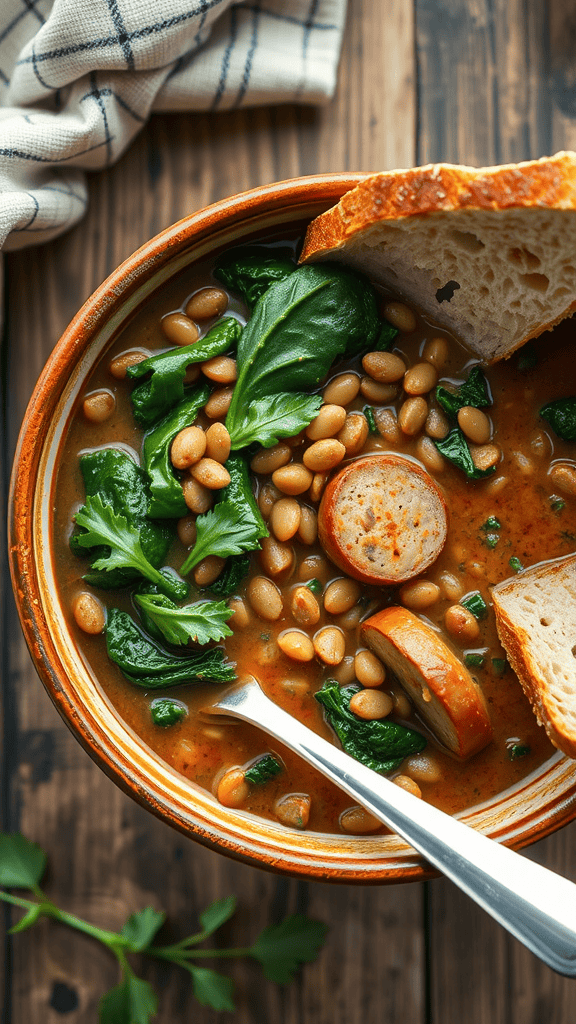 A bowl of lentil soup with sausage and kale, accompanied by a slice of bread.