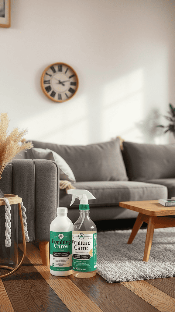 Cleaning products placed next to a grey sofa in a cozy living room setting