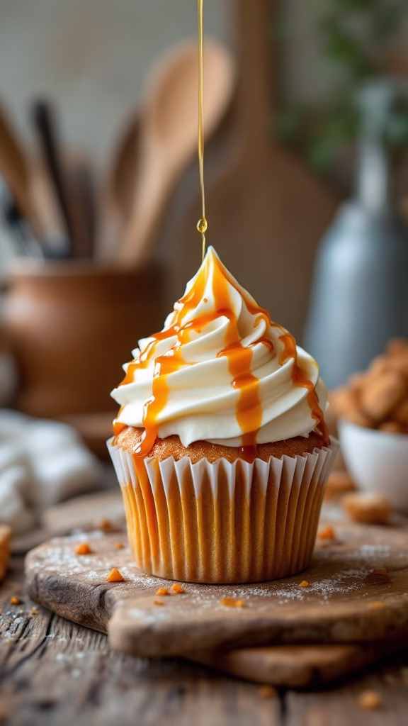 Maple-Carrot Cupcake with cream cheese frosting and caramel drizzle.