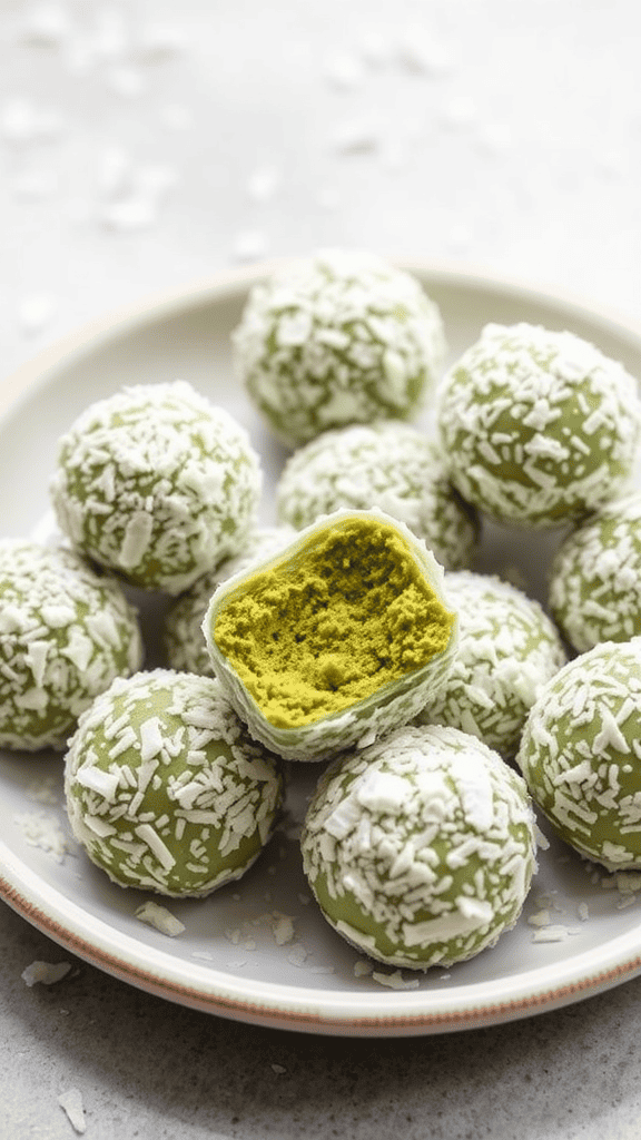 Matcha green tea energy bites on a plate with one bite taken out to show the interior.