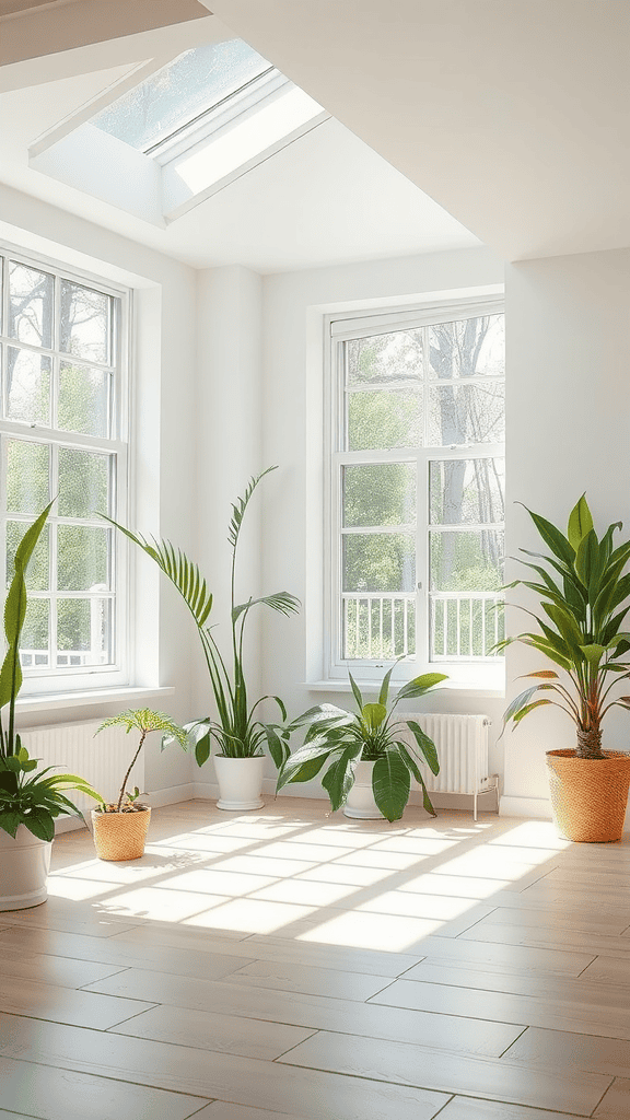 A bright room with large windows and a skylight, featuring various indoor plants