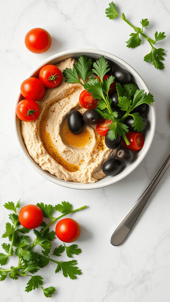Mediterranean-inspired bowl with hummus, tomatoes, olives, and parsley