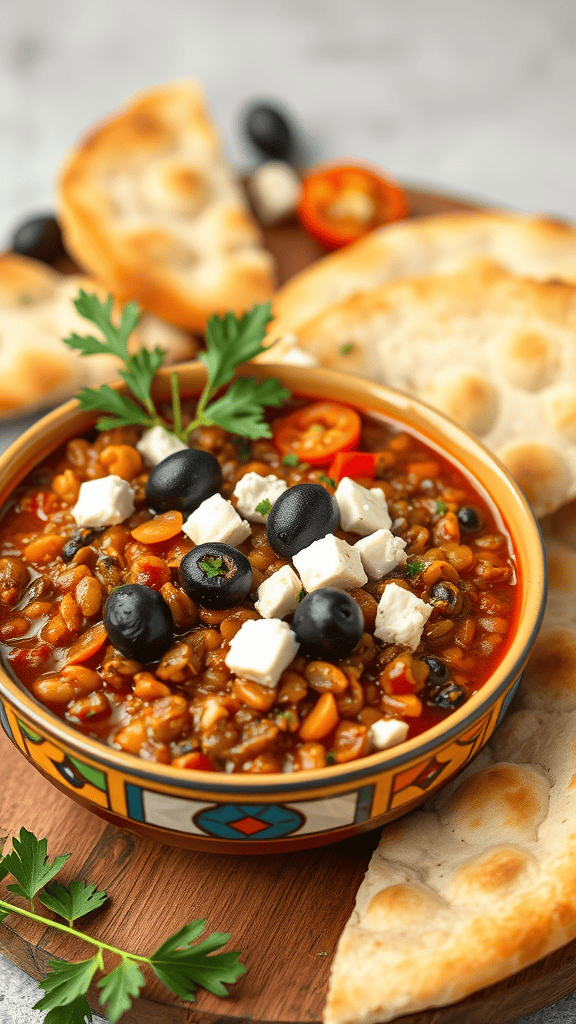 A bowl of Mediterranean-inspired lentil chili topped with olives and feta, accompanied by pita bread.