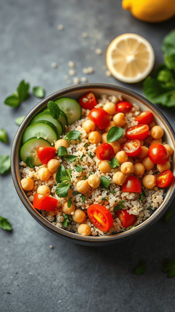 A colorful Mediterranean Chickpea Quinoa Bowl with quinoa, chickpeas, cherry tomatoes, cucumber, and fresh herbs.