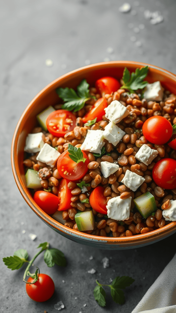 A vibrant Mediterranean Lentil Salad with feta, cherry tomatoes, and cucumbers in a bowl.