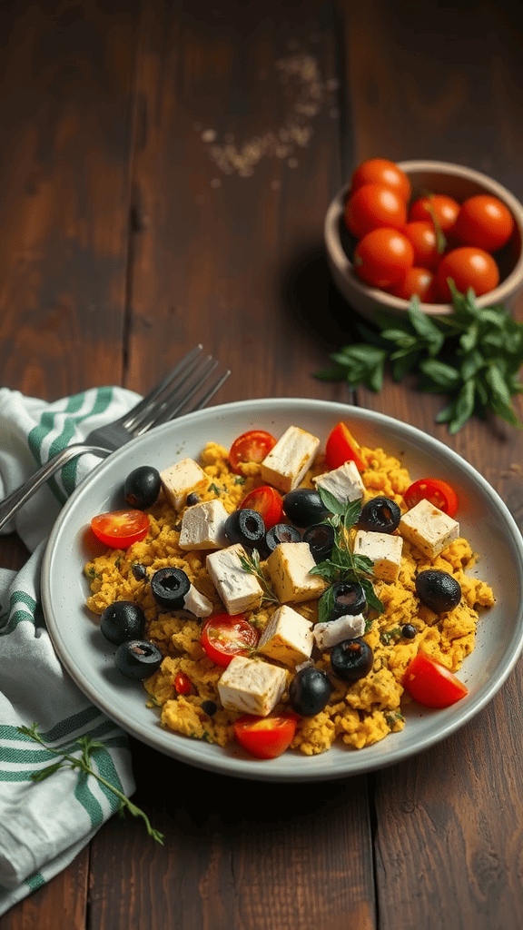 A vibrant Mediterranean tofu scramble with cherry tomatoes, black olives, and feta on a plate.