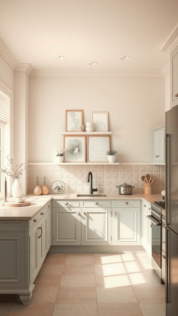 A serene kitchen with mint green cabinets, beige countertops, and soft lighting.