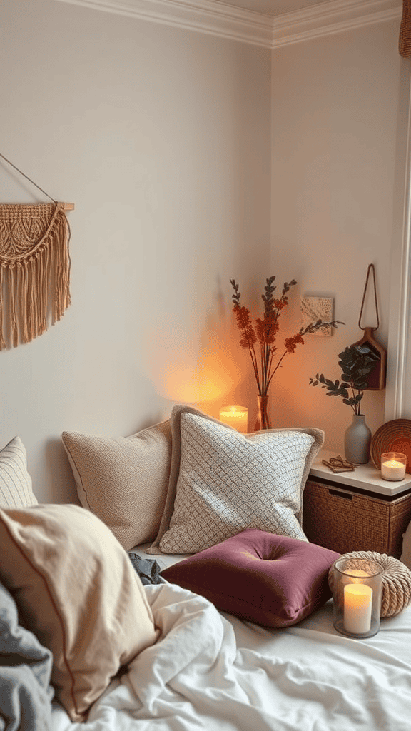 Cozy bedroom corner with soft pillows, candles, and decorative plants.