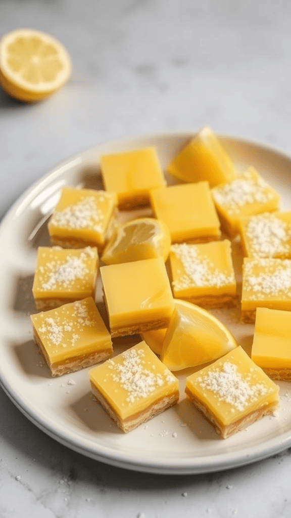 Mini lemon bar bites arranged on a plate with lemon slices