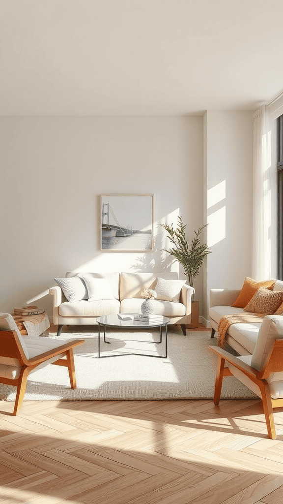 A modern living room with a minimalist furniture arrangement featuring a cream sofa, wooden chairs, and natural light.