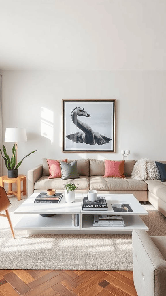 Modern living room with a multi-functional coffee table, colorful cushions on a couch, and a piece of art on the wall.
