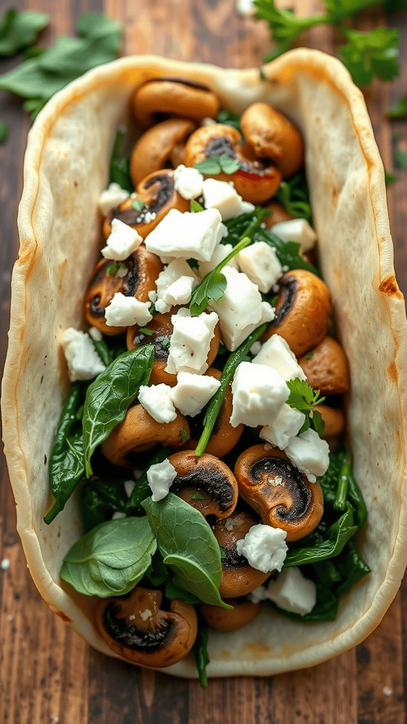 Mushroom and spinach tacos filled with feta cheese in a tortilla