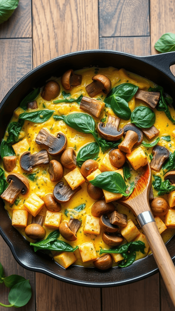 A delicious mushroom and spinach tofu scramble in a skillet.