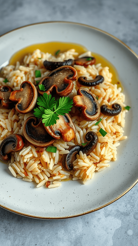 Plate of mushroom and truffle fried rice garnished with fresh herbs