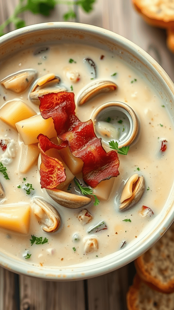 A bowl of New England style clam chowder with clams, potatoes, and bacon, garnished with parsley.
