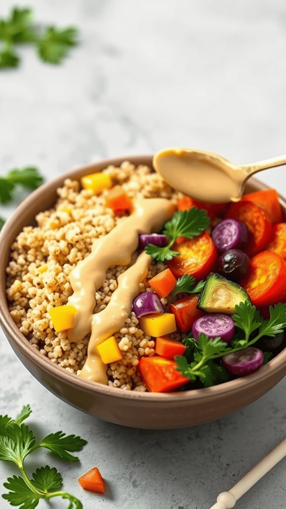 A vibrant bowl of quinoa and roasted vegetables, topped with a creamy dressing.