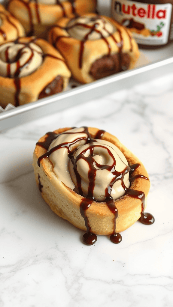 Delicious Nutella-stuffed cinnamon rolls drizzled with frosting.
