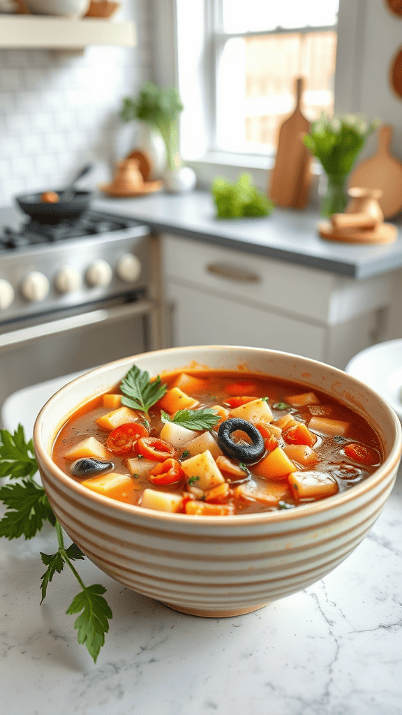 A bowl of minestrone soup with nutrition facts displayed beside it, emphasizing its health benefits.
