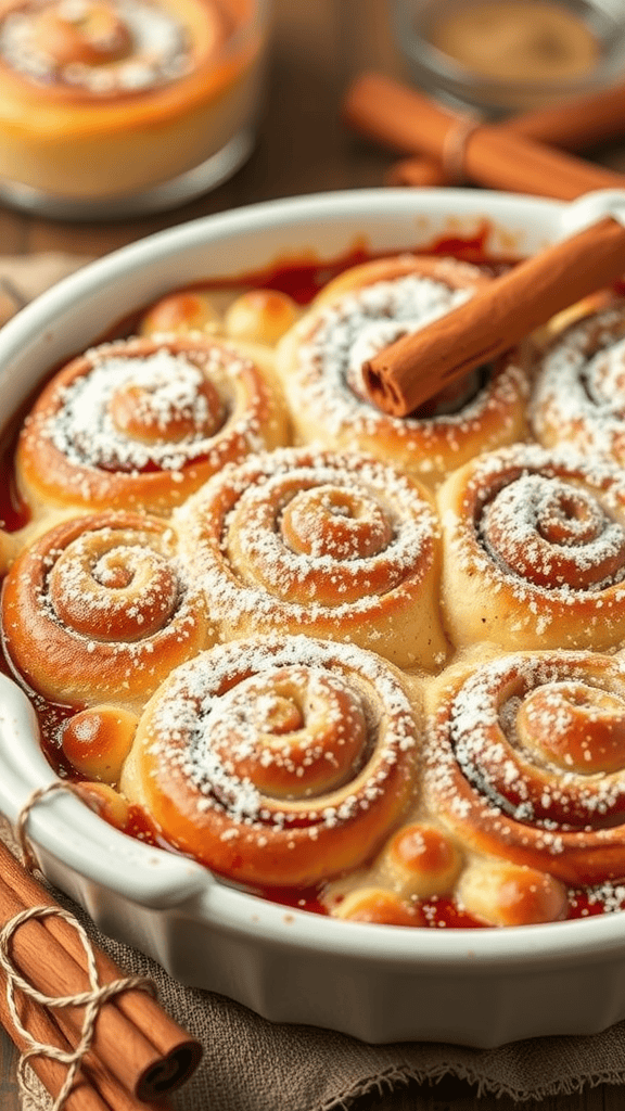 A delicious cinnamon roll casserole topped with powdered sugar and cinnamon sticks, served in a white dish.
