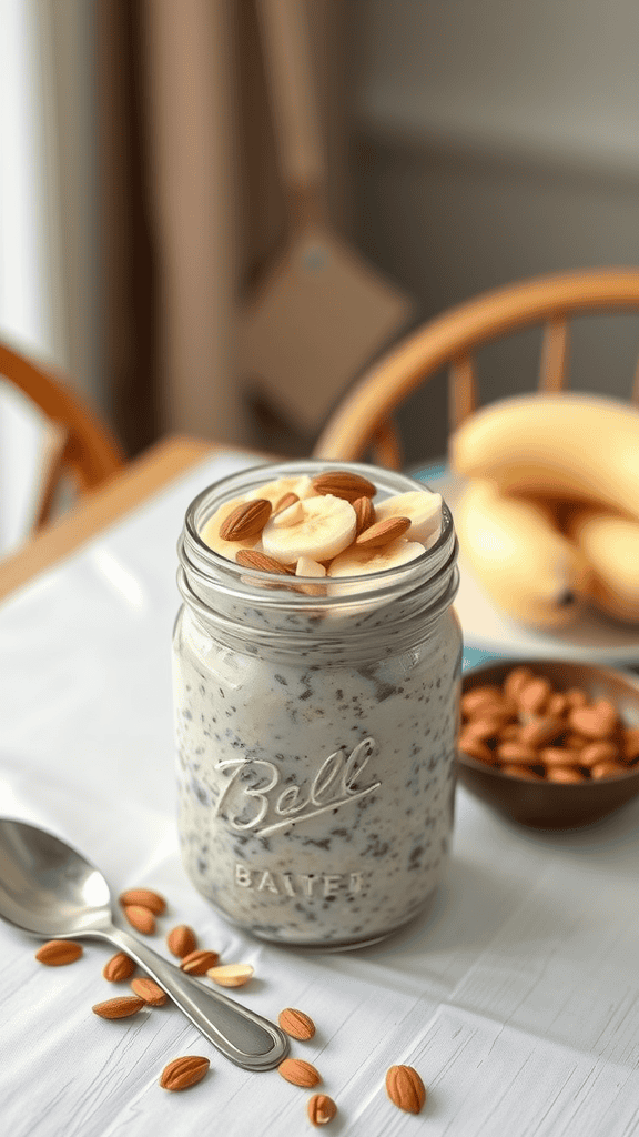 A jar of overnight oats topped with banana slices and almonds, with some almonds scattered around.