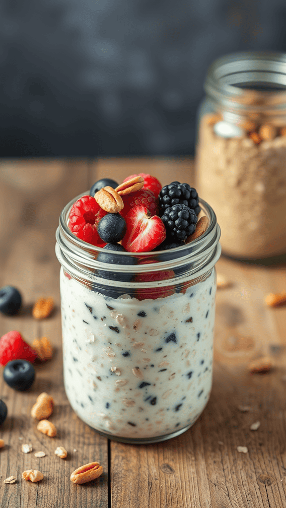 A jar of overnight oats topped with fresh berries and nuts