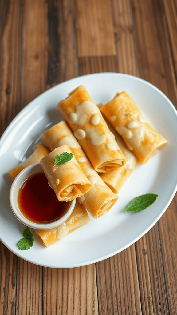 A plate of Pad Thai spring rolls served with a dipping sauce.