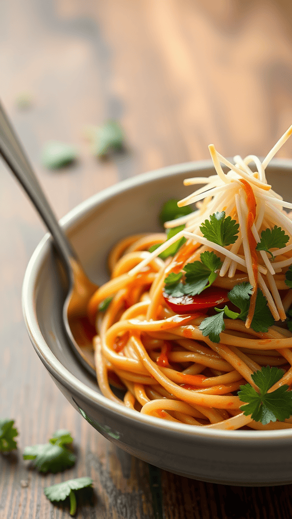 A bowl of Pad Thai with noodles, vegetables, and garnishes.