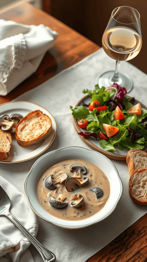 A bowl of creamy mushroom soup with a side of salad, toasted bread, and a glass of white wine.