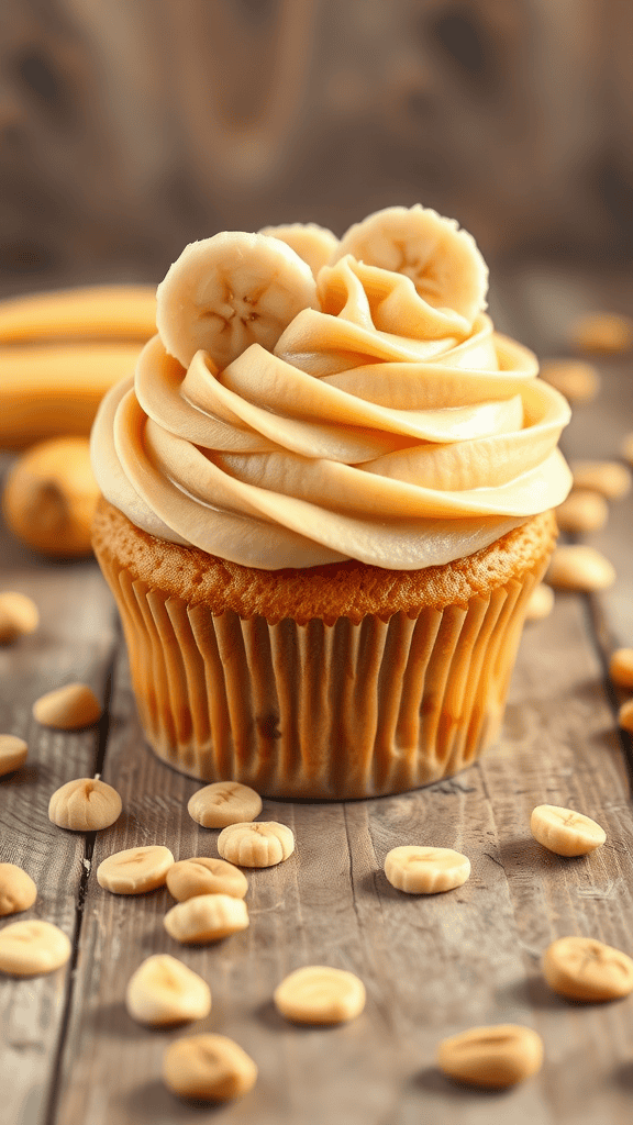 Delicious peanut butter banana cupcake topped with creamy frosting and banana slices.