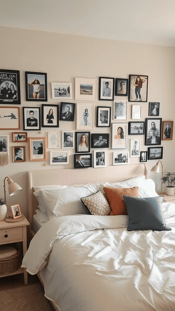 A cozy bedroom with a wall of framed photographs and a neatly made bed.