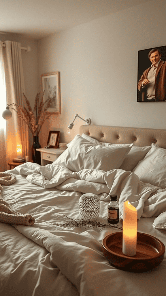 Cozy bedroom with soft linens, a candle, and essential oils on a wooden tray.