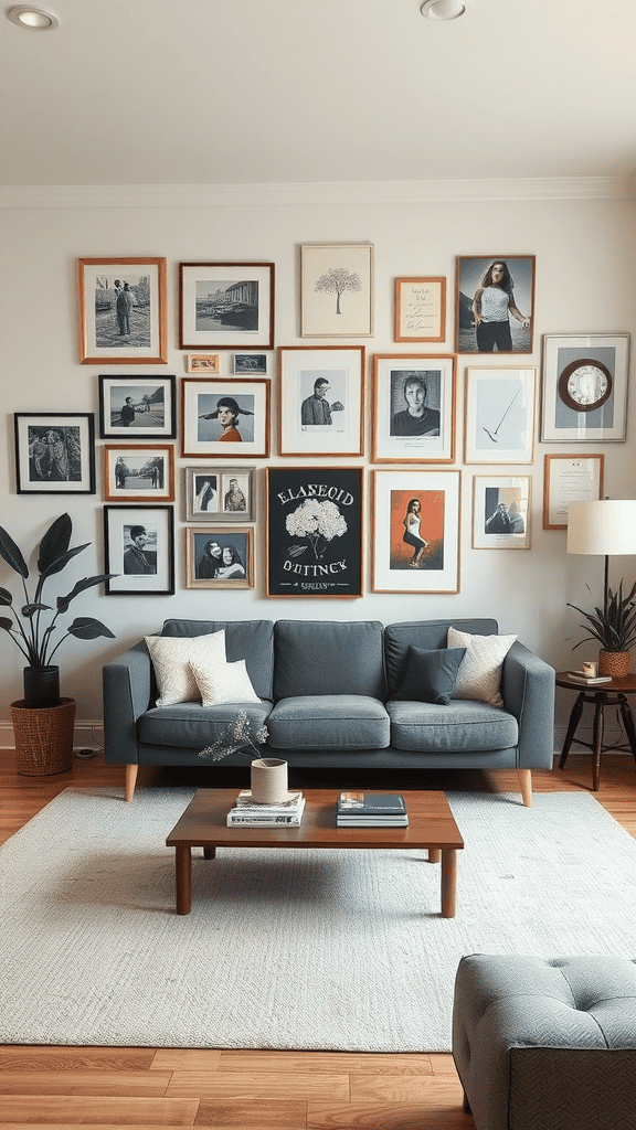 A stylish living room featuring a gallery wall with various framed artworks and photographs, accompanied by a modern couch and plants.