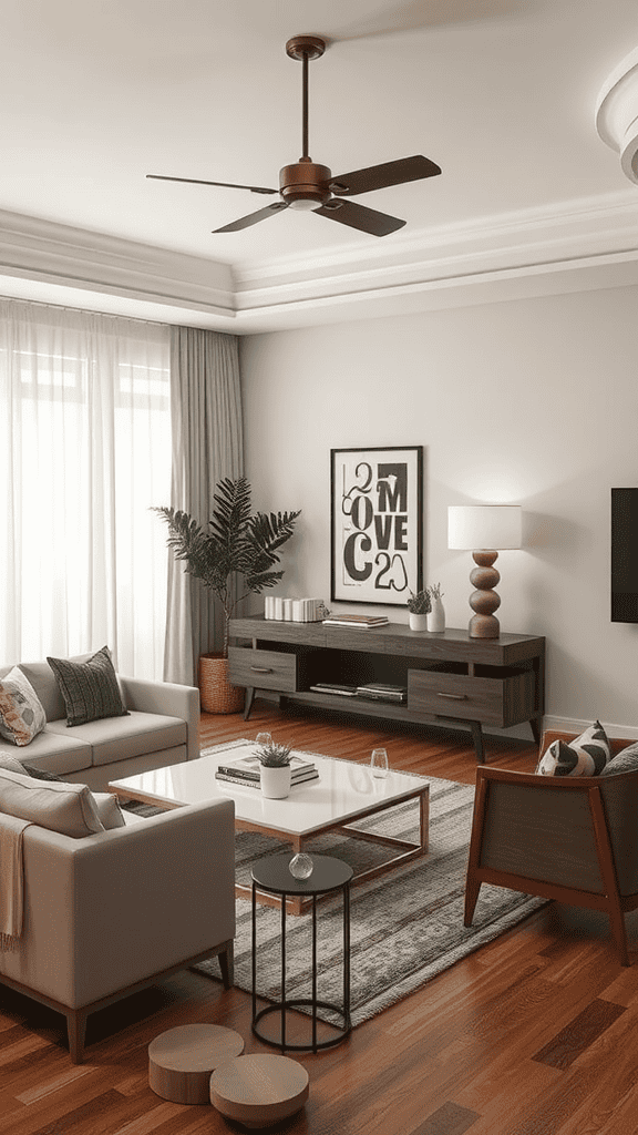 A cozy and stylish living room with comfortable furniture, plants, and natural light.