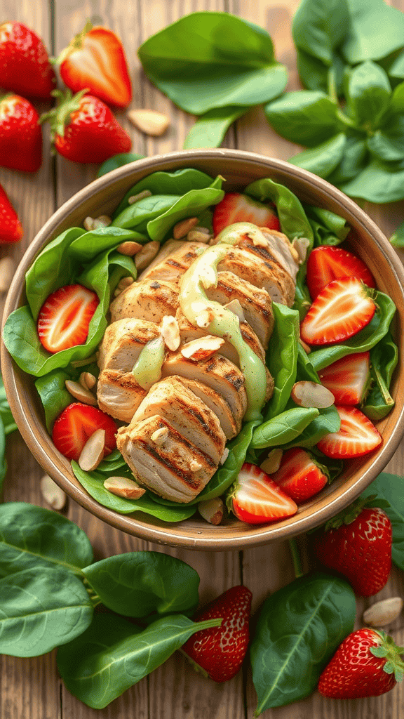 A colorful Spinach & Strawberry Chicken Salad with grilled chicken, sliced strawberries, and almonds.