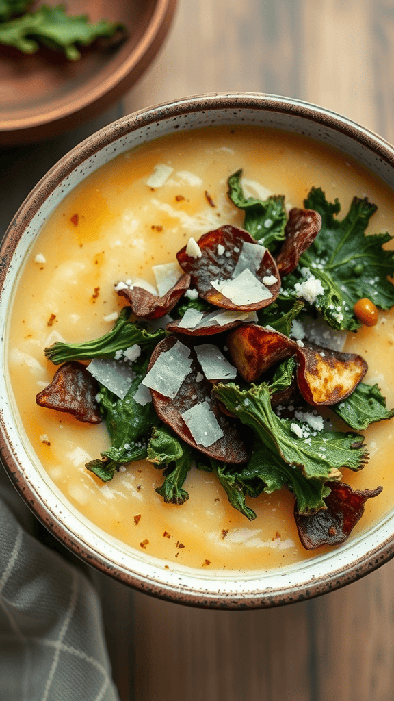 A bowl of creamy potato soup topped with crispy kale and cheese, set on a wooden table.