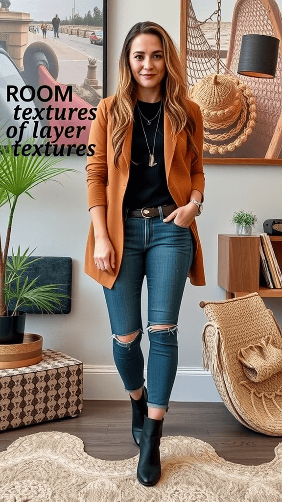 A stylish outfit displayed on a mannequin, featuring a coat with a textured collar, paired with accessories and natural elements.
