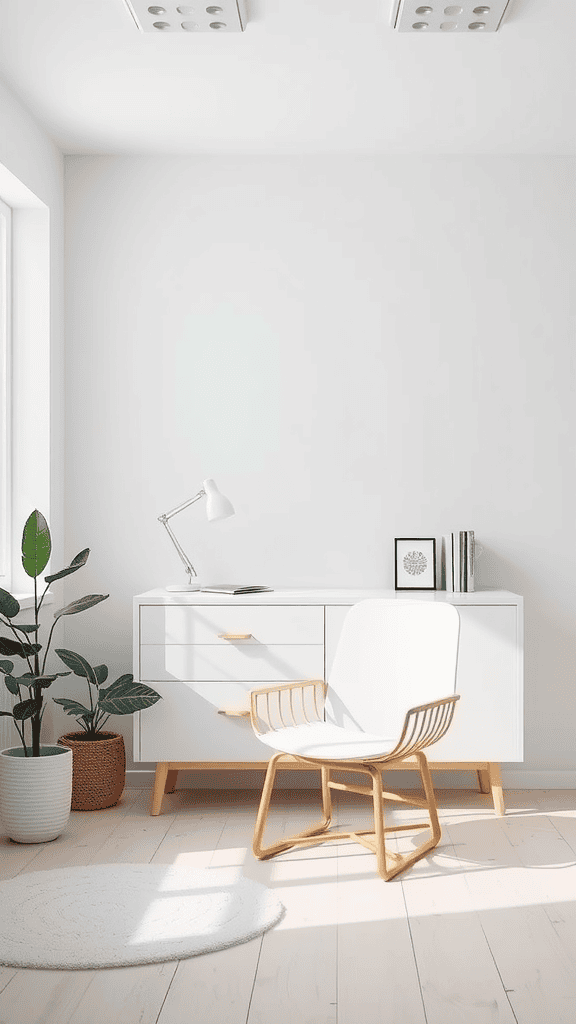A minimalist workspace with a white chair, a cabinet, and indoor plants, emphasizing simplicity and calm.