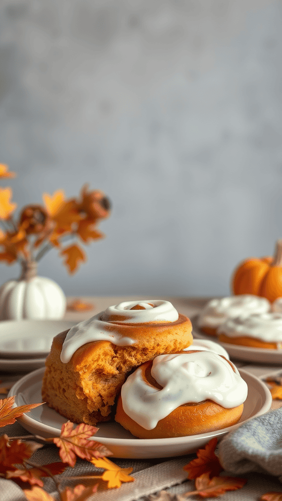 Delicious pumpkin spice cinnamon rolls with cream cheese frosting.