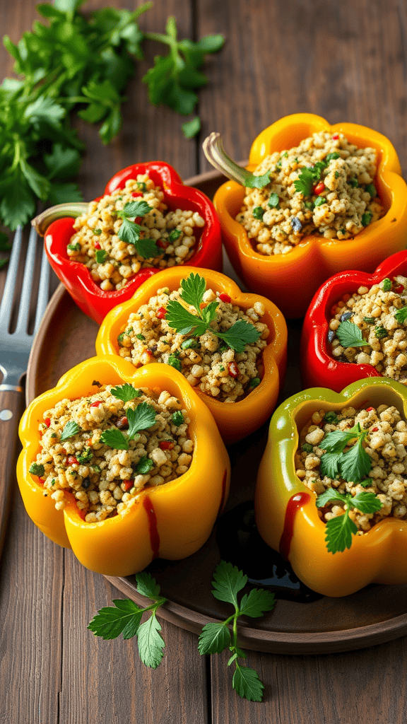 Colorful quinoa-stuffed bell peppers on a wooden plate with fresh herbs.