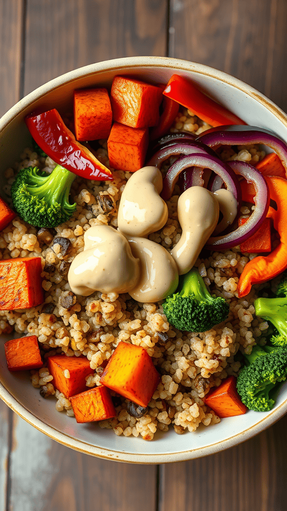 A colorful Buddha bowl filled with quinoa, roasted sweet potato, bell peppers, broccoli, and a creamy dressing.